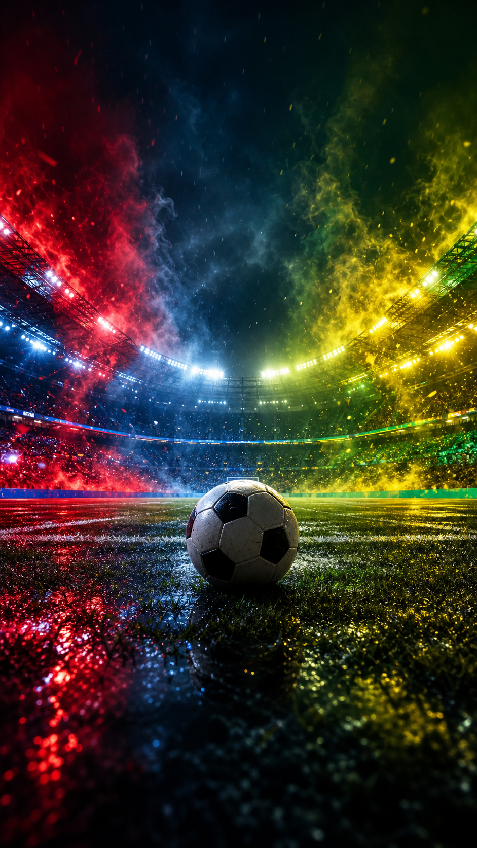 Football stadium lit in Norway and Brazil colors before norway vs brazil
