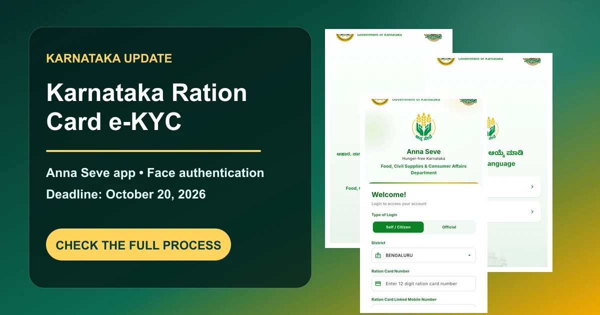 Karnataka Ration Card e-KYC ಮತ್ತು ಅಧಿಕೃತ Anna Seve app ಪರದೆಗಳು