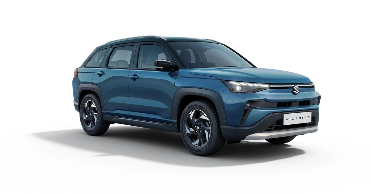 ನೀಲಿ ಬಣ್ಣದ Suzuki Victoris SUV ಮುಂಭಾಗದ ಅಧಿಕೃತ ಚಿತ್ರ